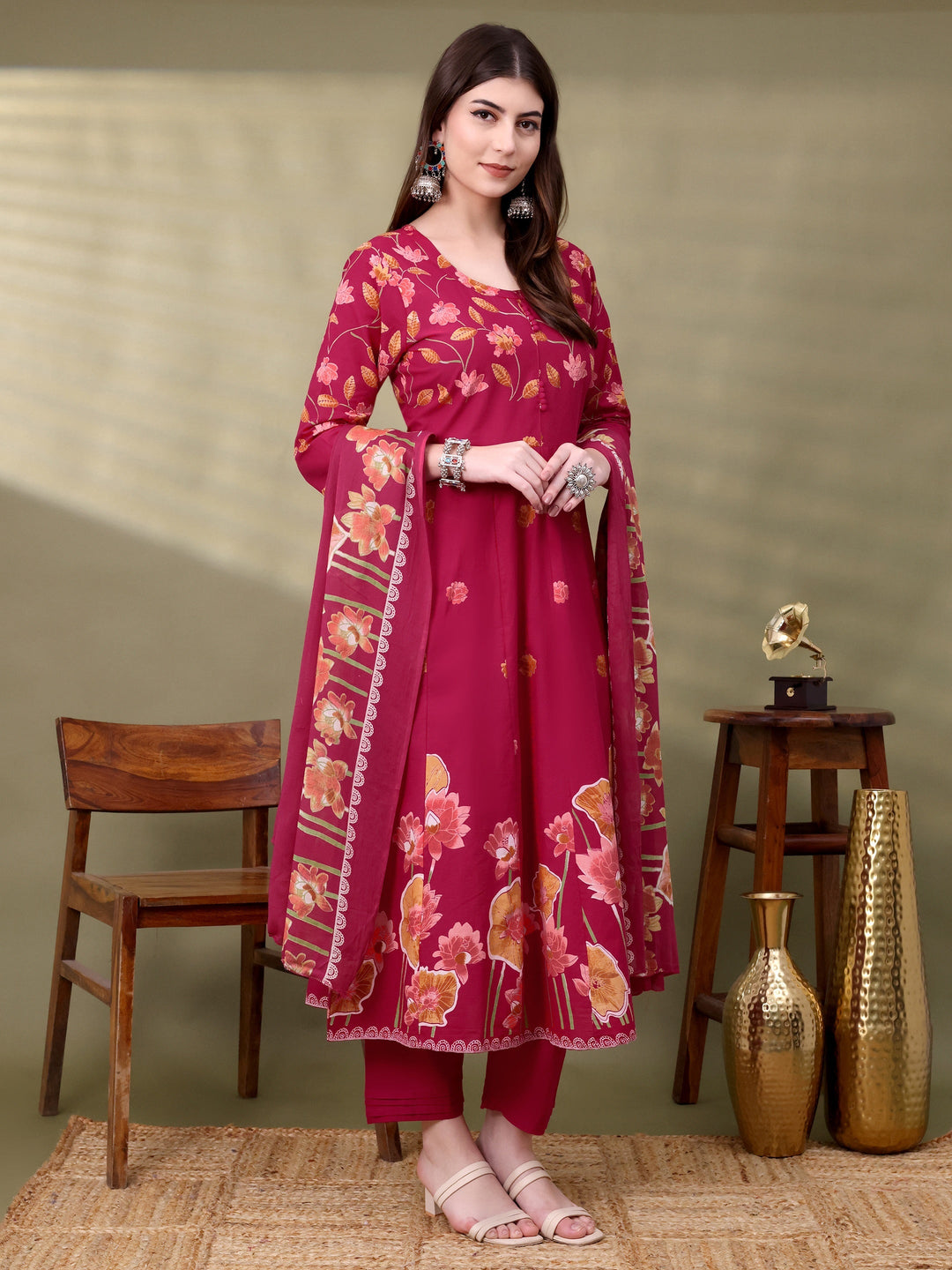 Pink Cotton Self Design Kurta Sets
