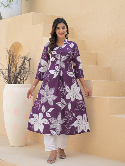 Purple Aline Cotton Printed Kurta With Pant