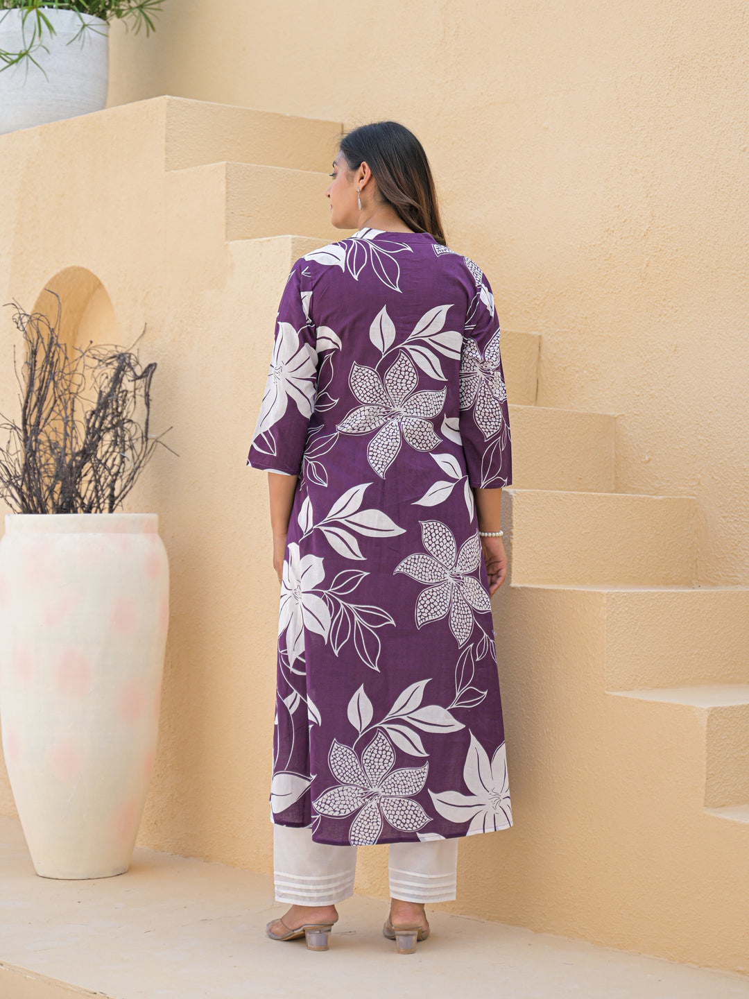 Purple Aline Cotton Printed Kurta With Pant