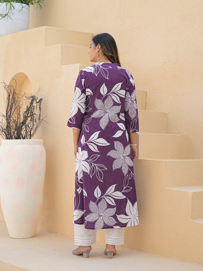 Purple Aline Cotton Printed Kurta With Pant