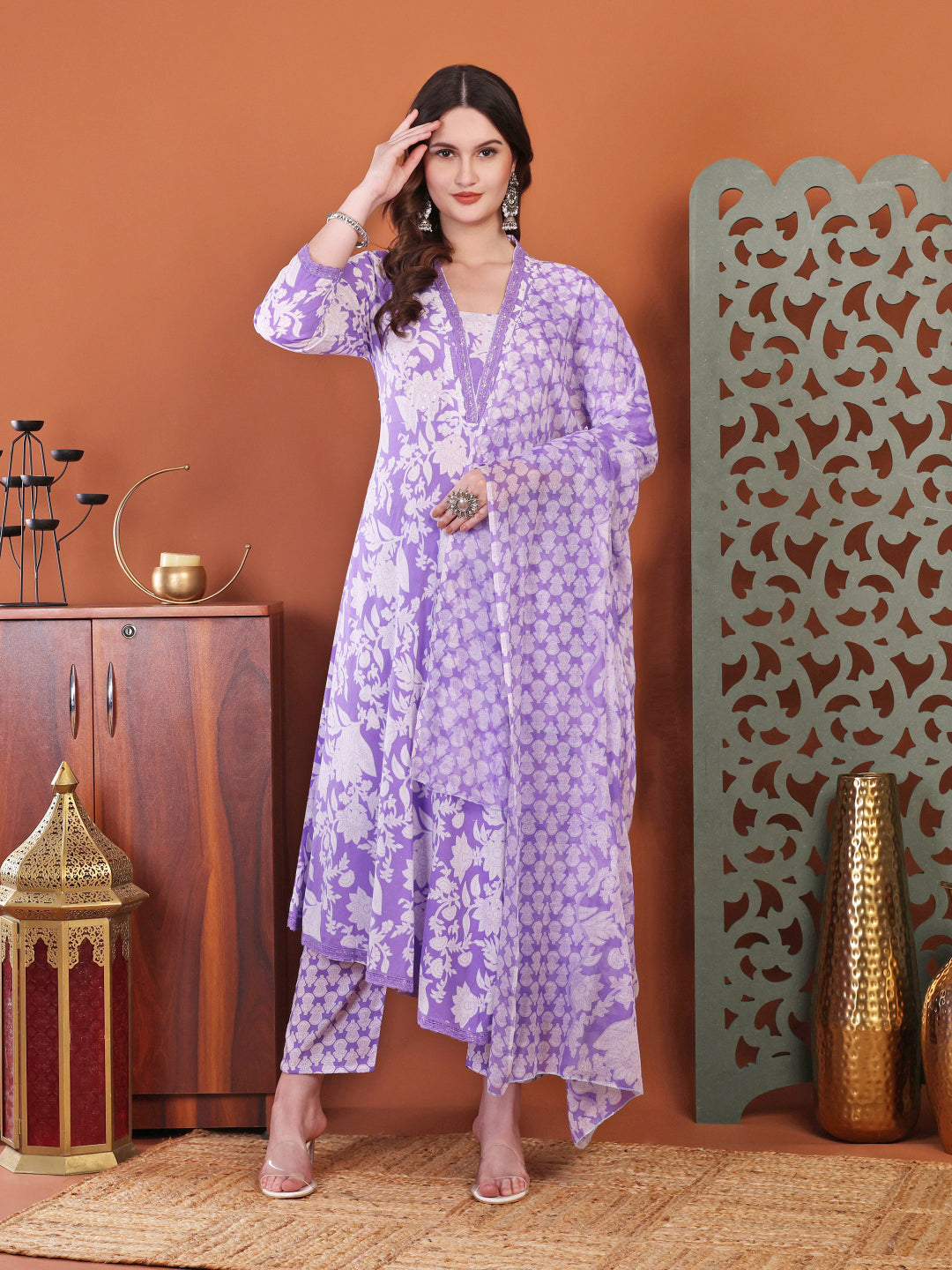 Purple Anarkali Cotton Printed Selfdesign Kurta With Pant And Dupatta