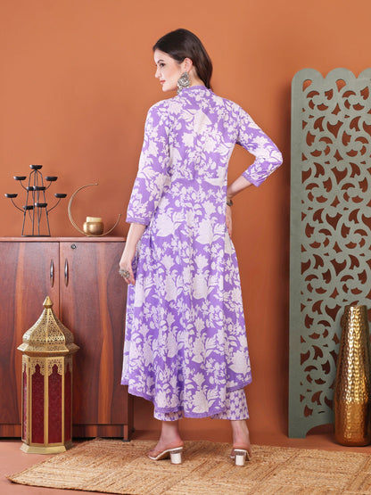 Purple Anarkali Cotton Printed Selfdesign Kurta With Pant And Dupatta