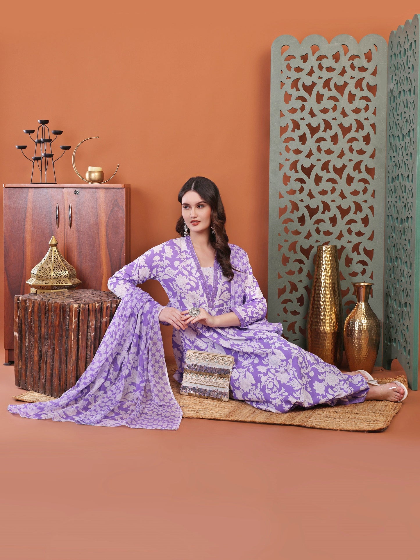 Purple Anarkali Cotton Printed Selfdesign Kurta With Pant And Dupatta