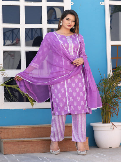 Purple Straight Rayon Printed Kurta With Pant And Dupatta