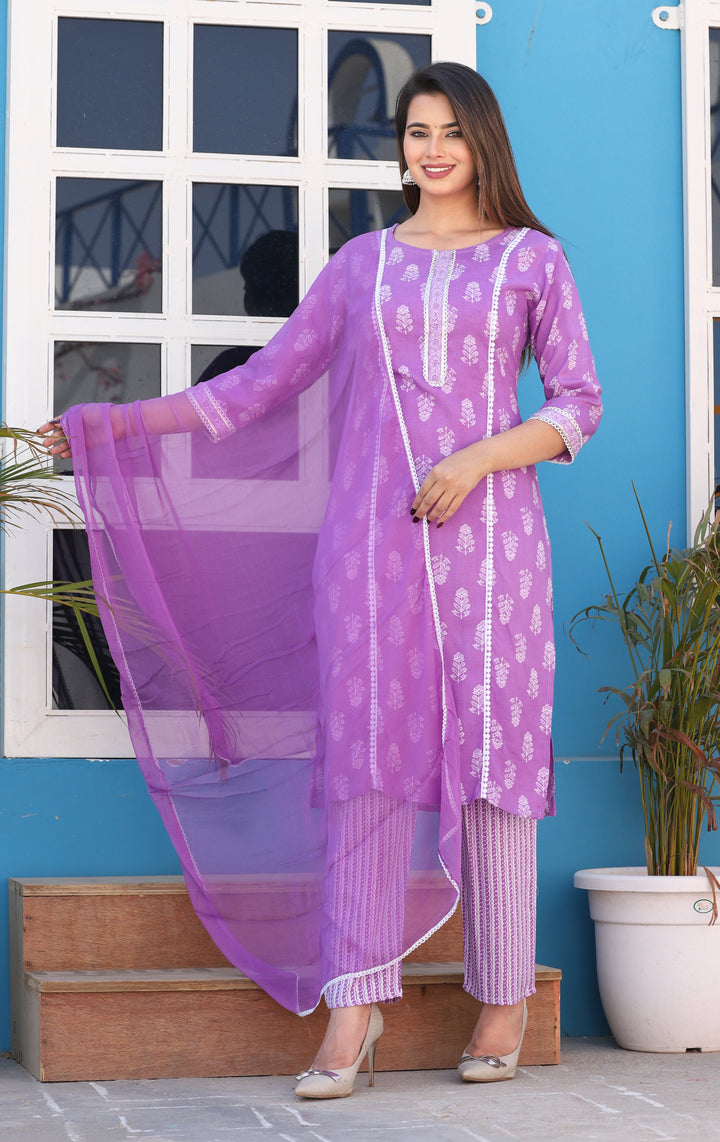 Purple Straight Rayon Printed Kurta With Pant And Dupatta