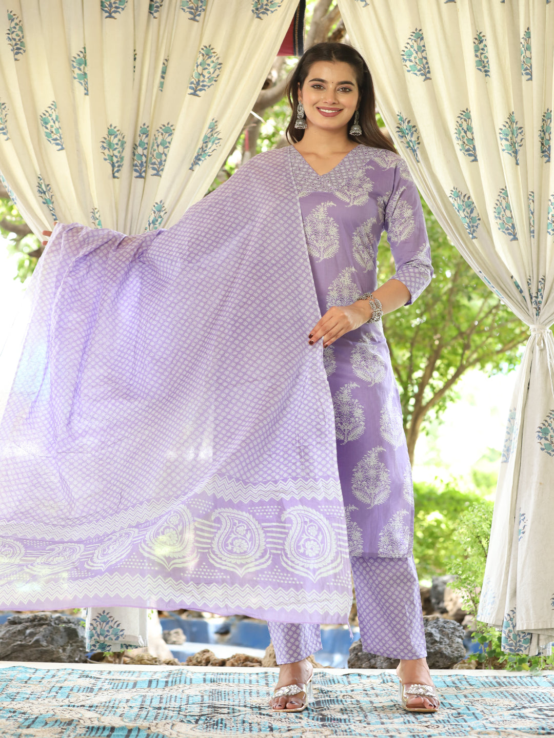Purple Straight Cotton Printed Kurta With Pant And Dupatta
