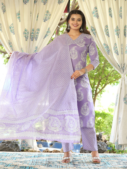 Purple Straight Cotton Printed Kurta With Pant And Dupatta