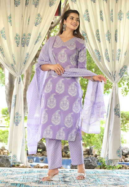 Purple Straight Cotton Printed Kurta With Pant And Dupatta