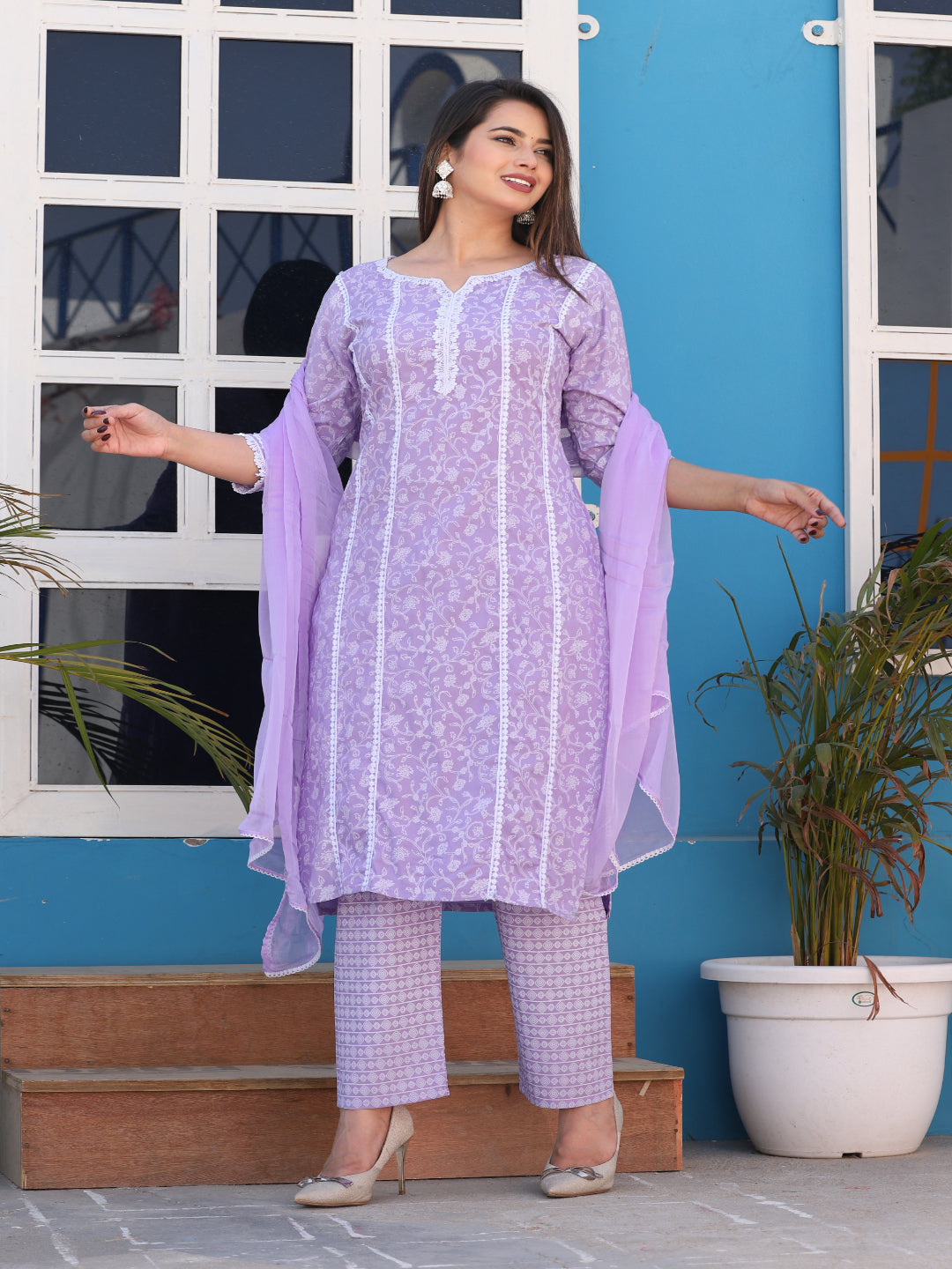 Purple Straight Rayon Printed Kurta With Pant And Dupatta
