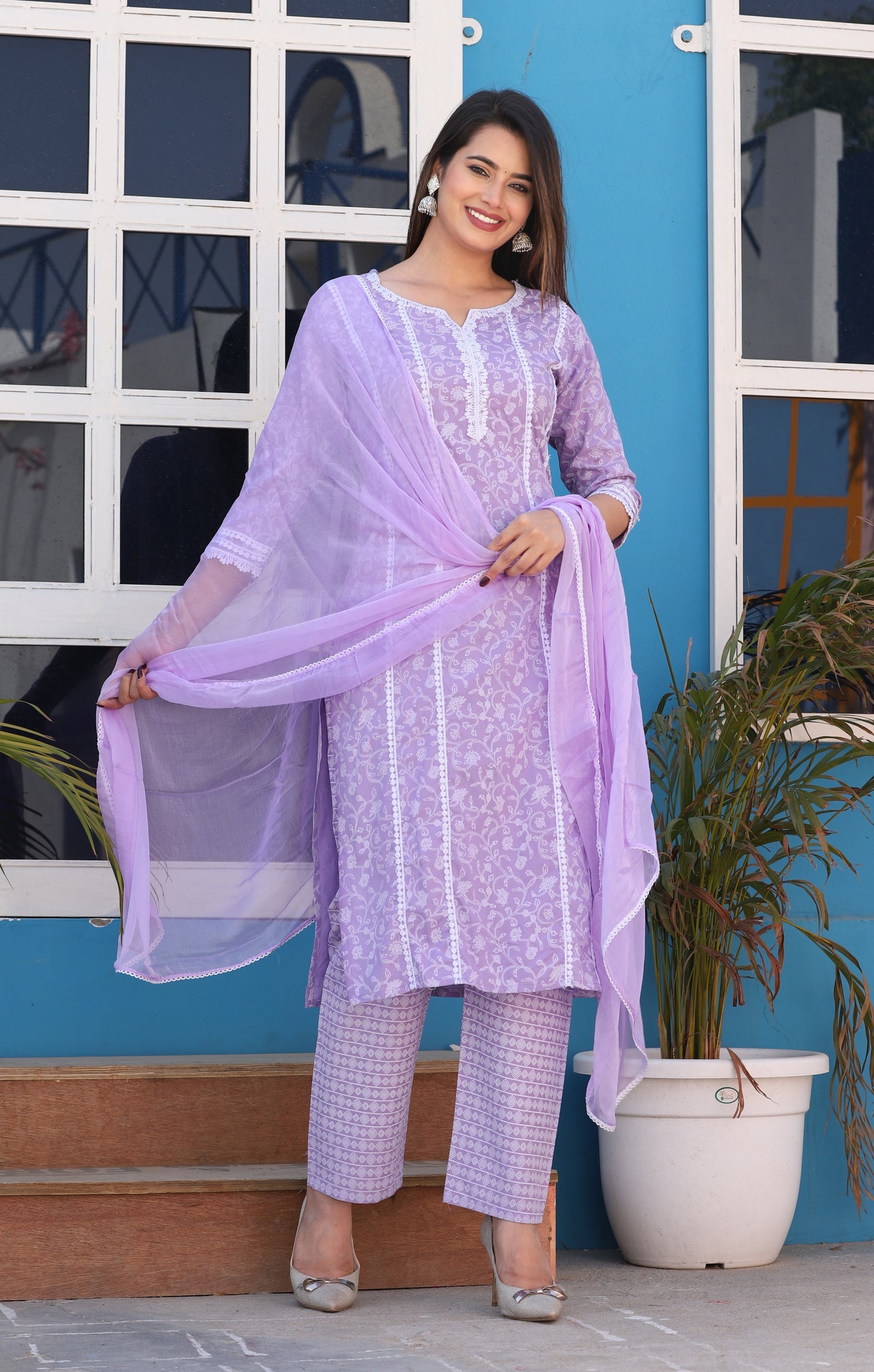 Purple Straight Rayon Printed Kurta With Pant And Dupatta