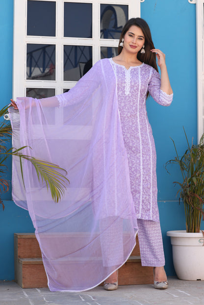 Purple Straight Rayon Printed Kurta With Pant And Dupatta