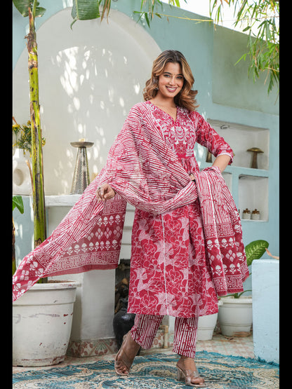 Mustard Printed Cotton A-Line Kurta With Pant And Dupatta