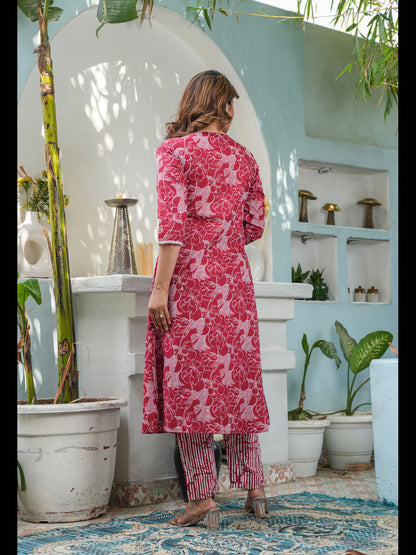 Mustard Printed Cotton A-Line Kurta With Pant And Dupatta