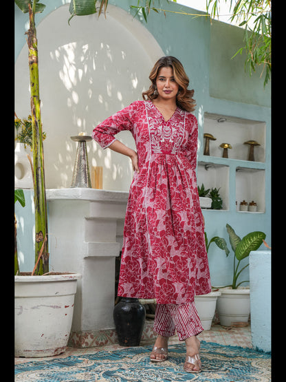 Mustard Printed Cotton A-Line Kurta With Pant And Dupatta