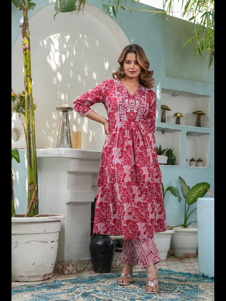 Ethnic Motifs Embroidered Pure Cotton Anarkali Kurta With Trousers &amp; Dupatta