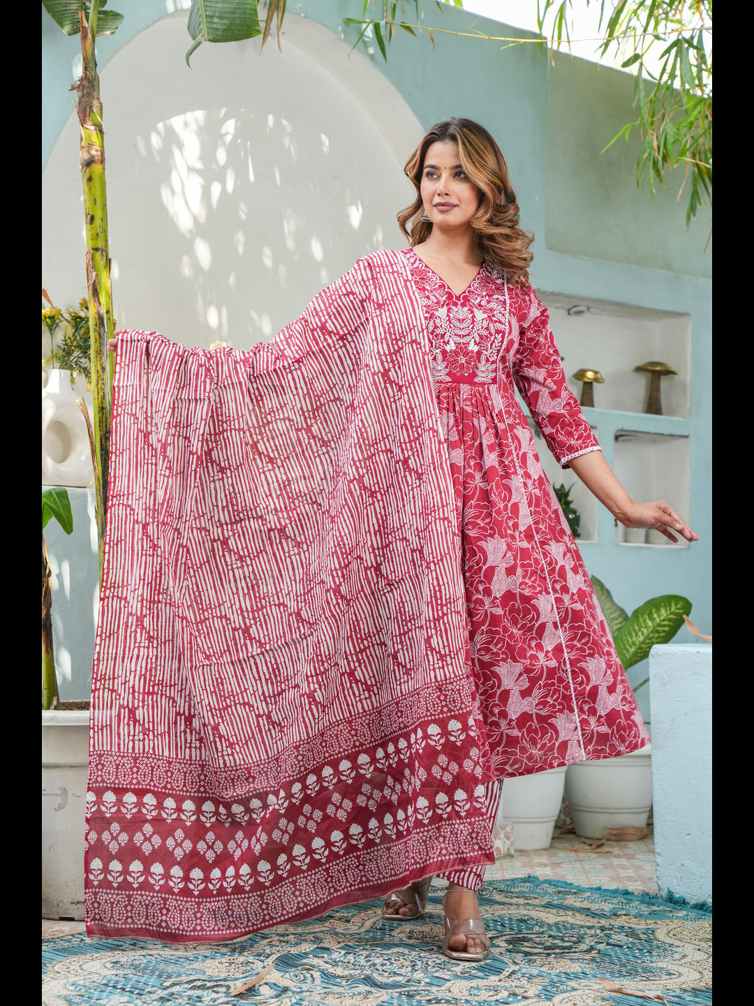 Ethnic Motifs Embroidered Pure Cotton Anarkali Kurta With Trousers &amp; Dupatta