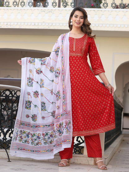 Red Anarkali Rayon Printed Embroiderd Kurta With Pant And Dupatta