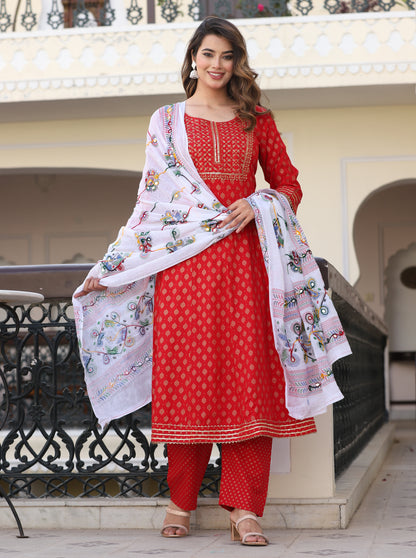 Red Anarkali Rayon Printed Embroiderd Kurta With Pant And Dupatta
