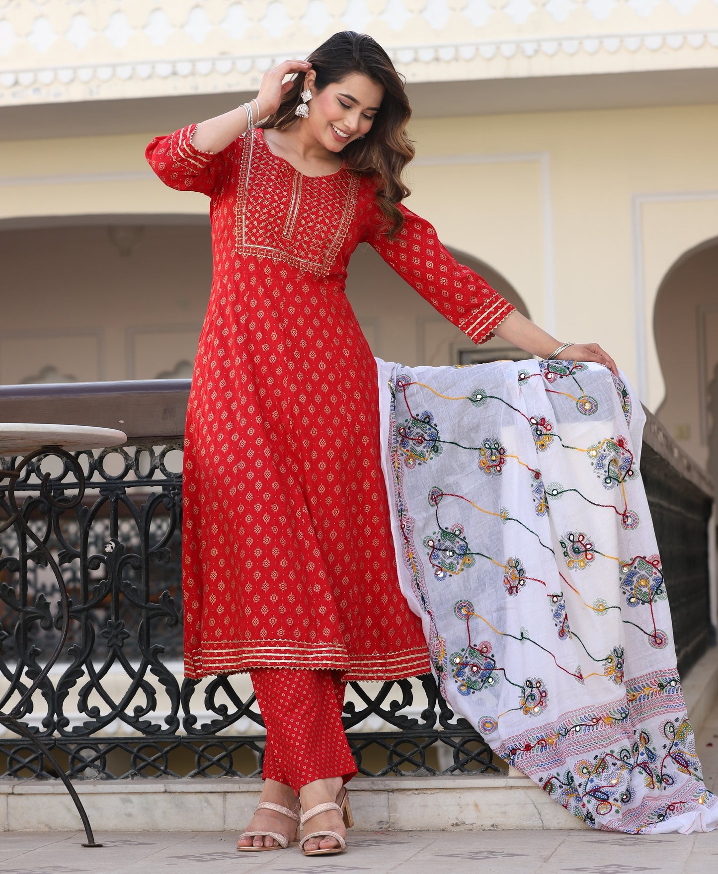 Red Anarkali Rayon Printed Embroiderd Kurta With Pant And Dupatta