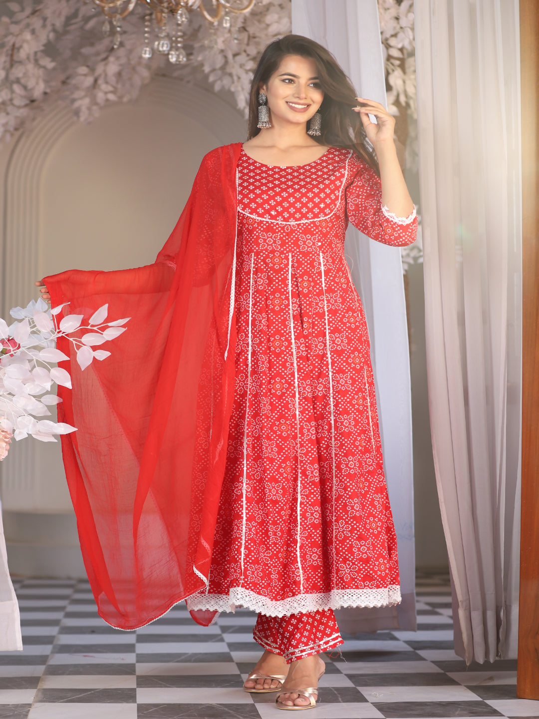 Red Anarkali Rayon Printed Embroidered Kurta With Pant Dupatta