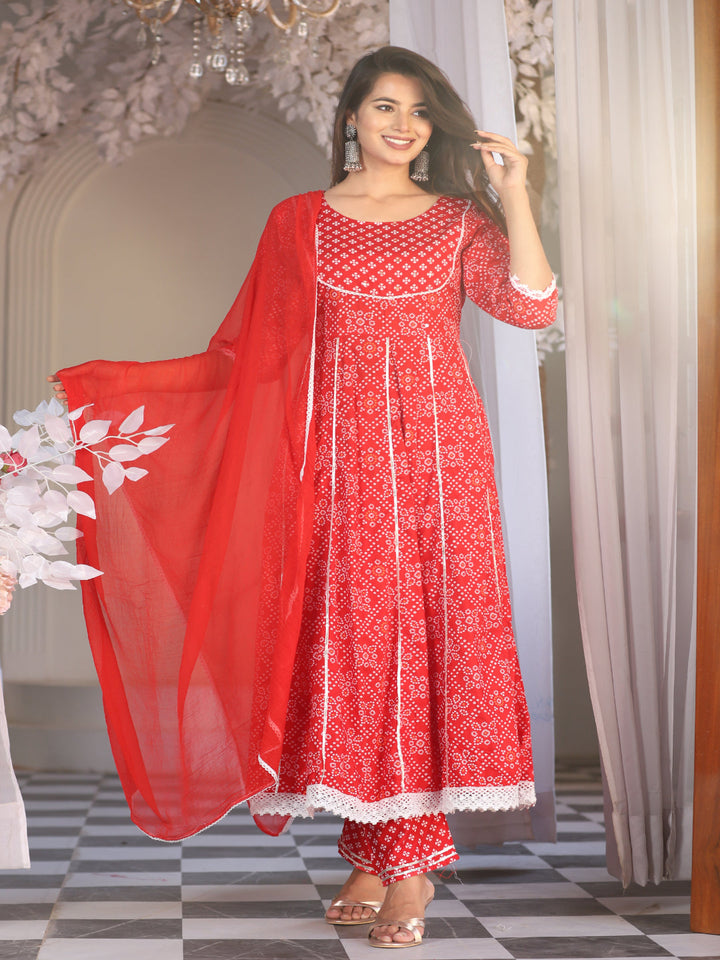 Red Anarkali Rayon Printed Embroidered Kurta With Pant Dupatta