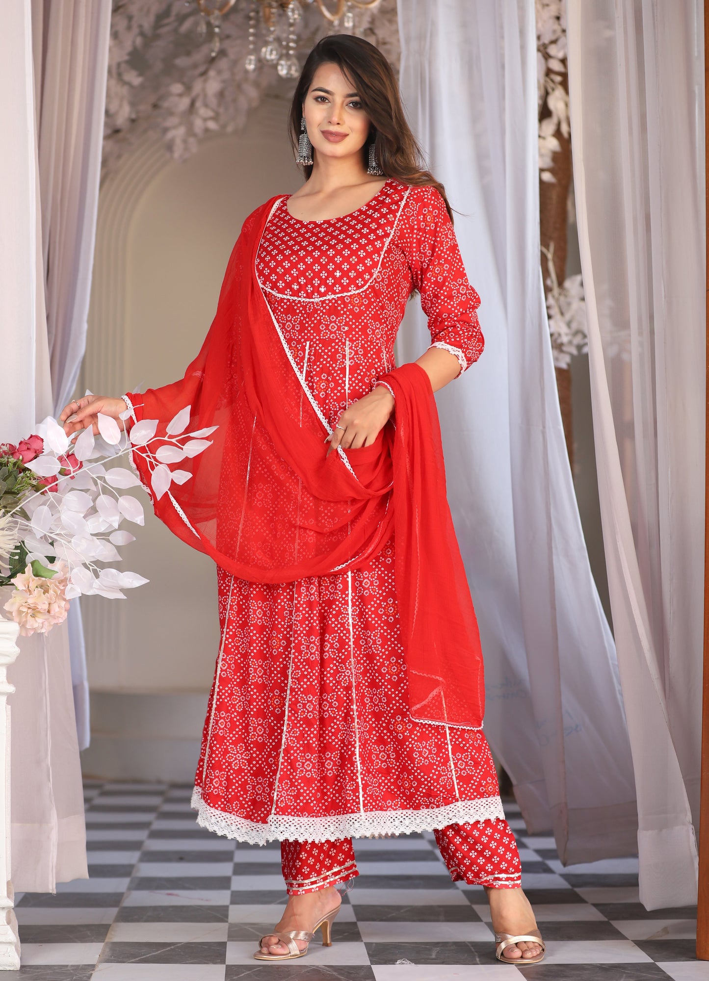 Red Anarkali Rayon Printed Embroidered Kurta With Pant Dupatta