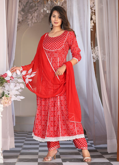 Red Anarkali Rayon Printed Embroidered Kurta With Pant Dupatta