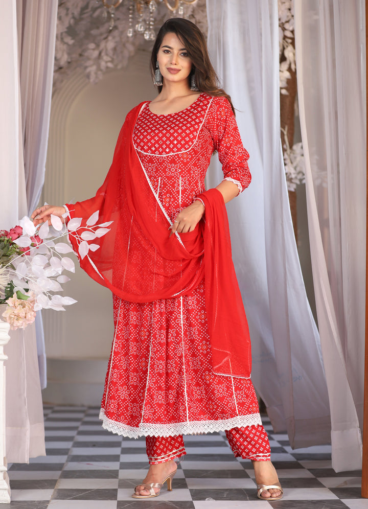 Red Anarkali Rayon Printed Embroidered Kurta With Pant Dupatta