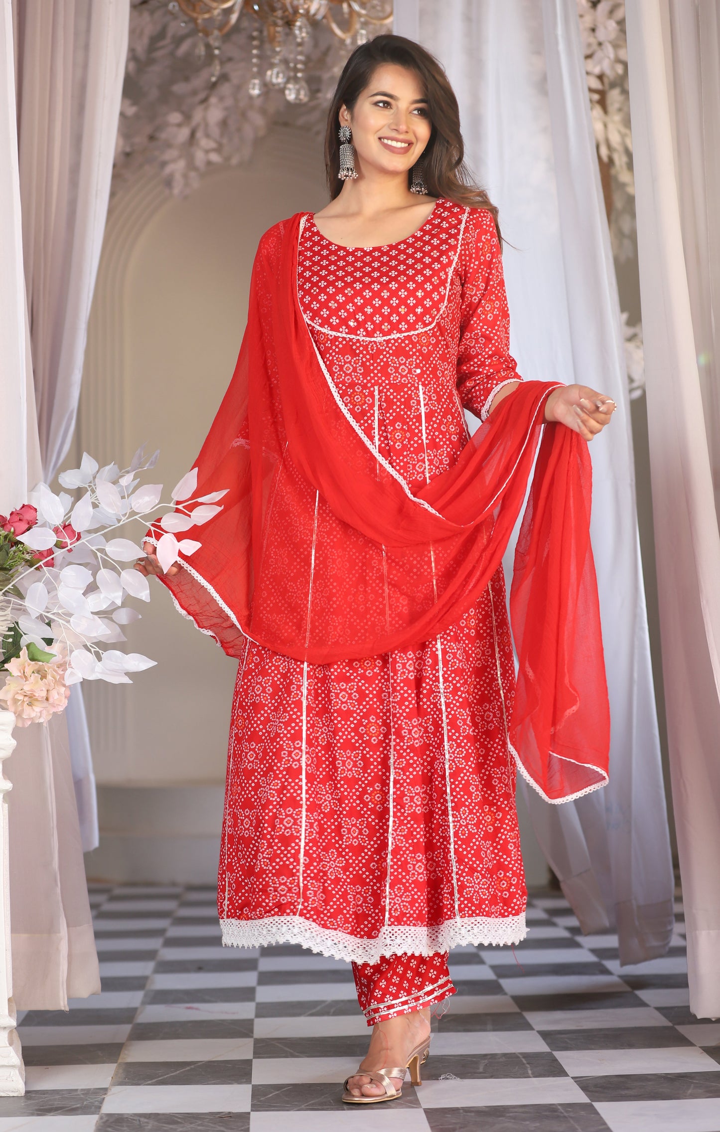 Red Anarkali Rayon Printed Embroidered Kurta With Pant Dupatta