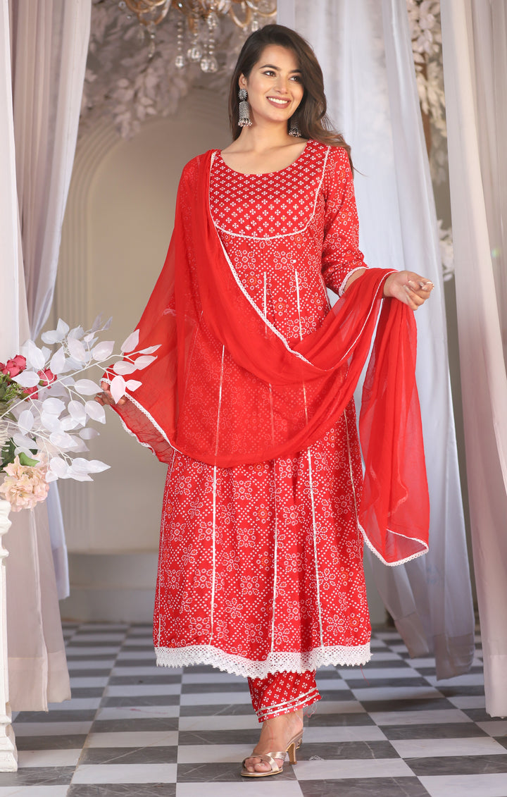 Red Anarkali Rayon Printed Embroidered Kurta With Pant Dupatta