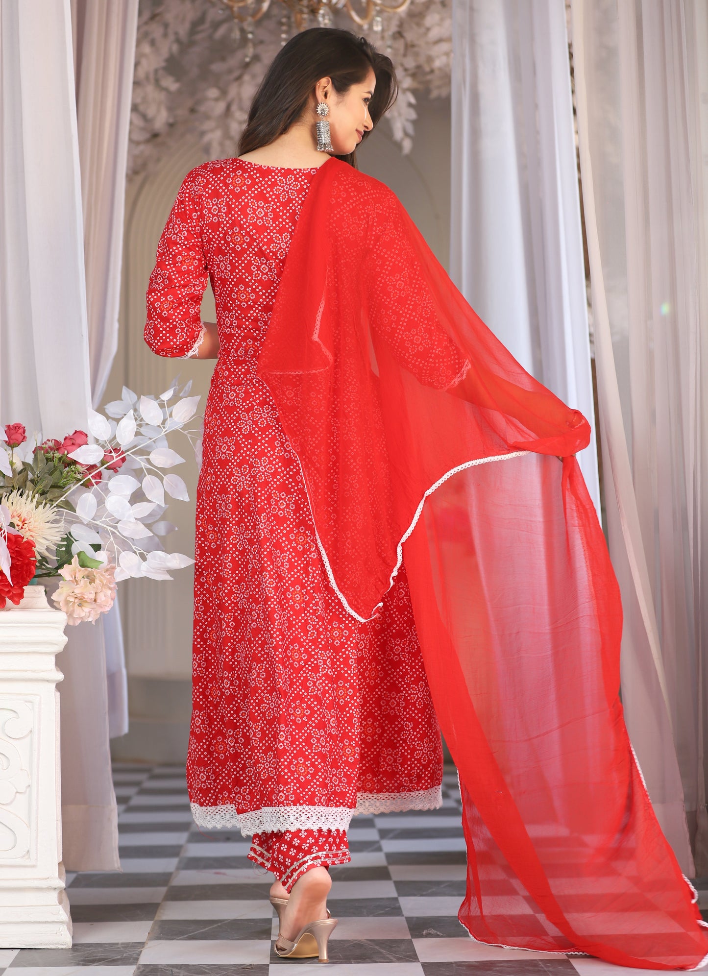 Red Anarkali Rayon Printed Embroidered Kurta With Pant Dupatta