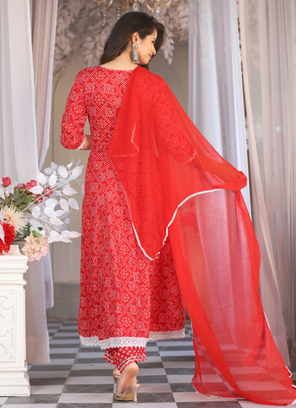 Red Anarkali Rayon Printed Embroidered Kurta With Pant Dupatta