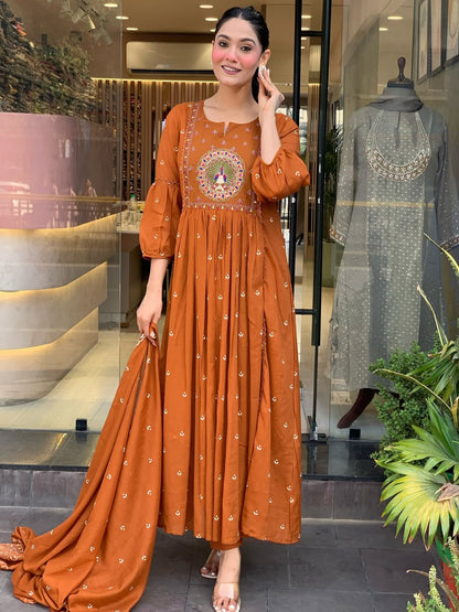 Rust Anarkali Cotton Printd Embellished Kurta With Pant And Dupatta
