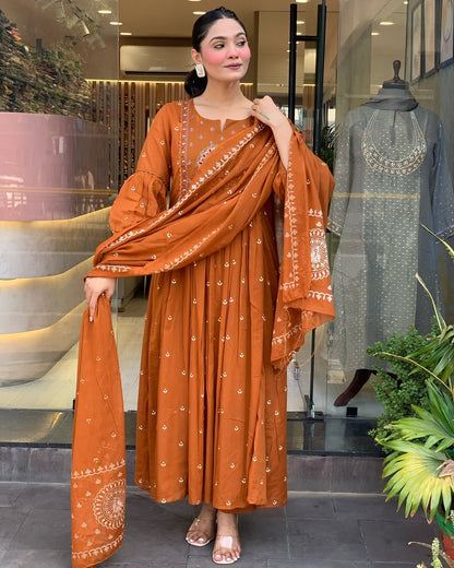 Rust Anarkali Cotton Printd Embellished Kurta With Pant And Dupatta