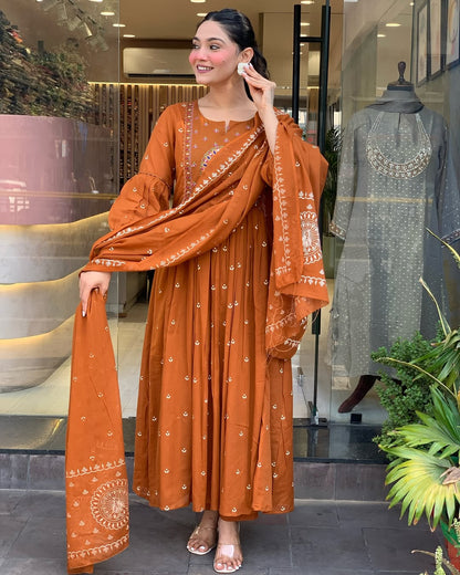 Rust Anarkali Cotton Printd Embellished Kurta With Pant And Dupatta