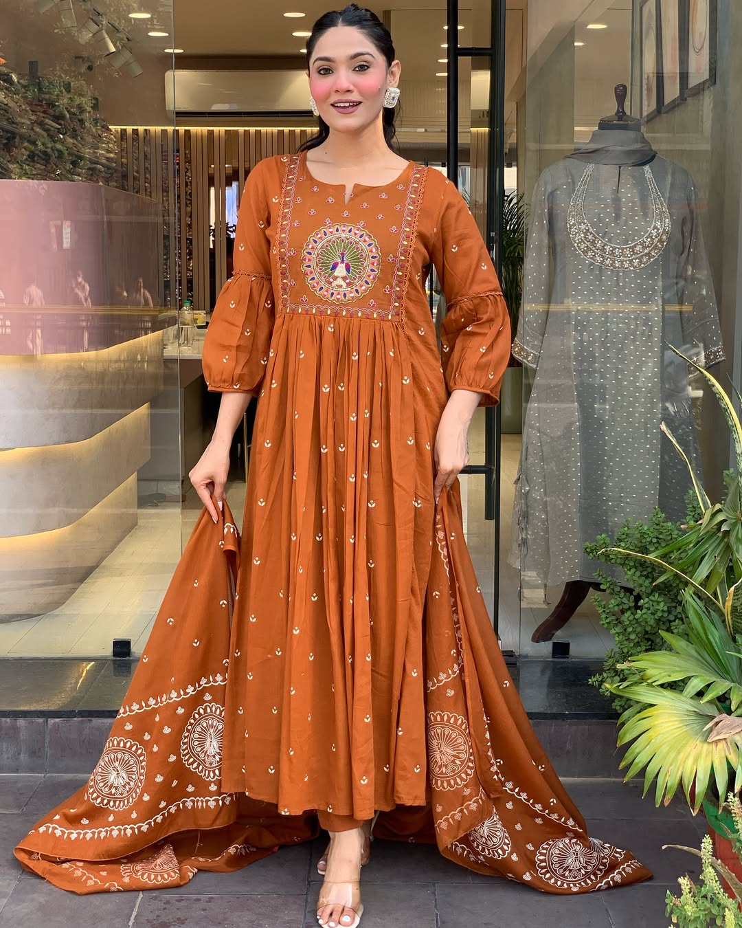 Rust Anarkali Cotton Printd Embellished Kurta With Pant And Dupatta