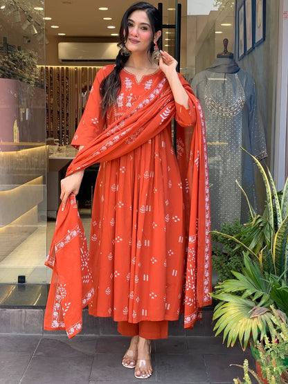Rust Anarkali Cotton Printd Embellished Kurta With Pant And Dupatta