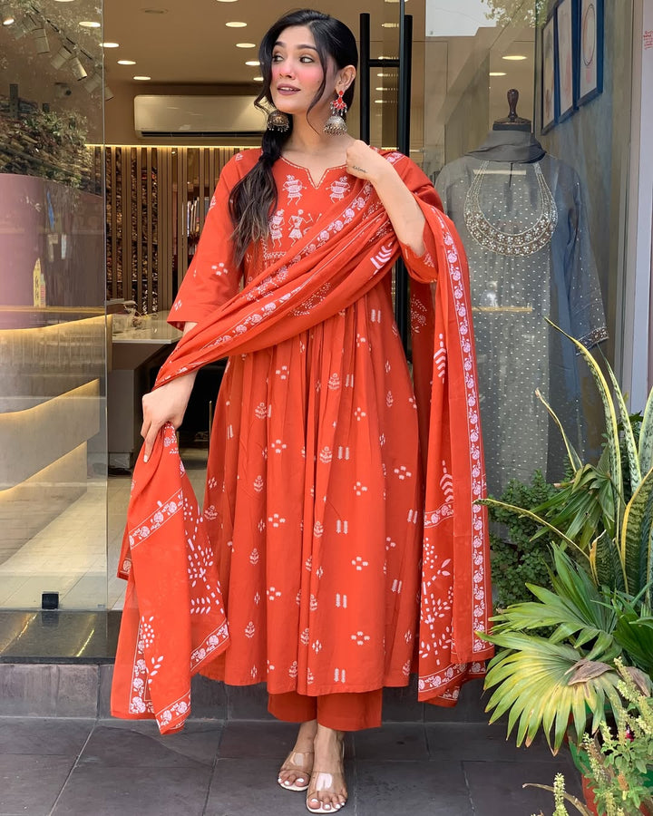 Rust Anarkali Cotton Printd Embellished Kurta With Pant And Dupatta