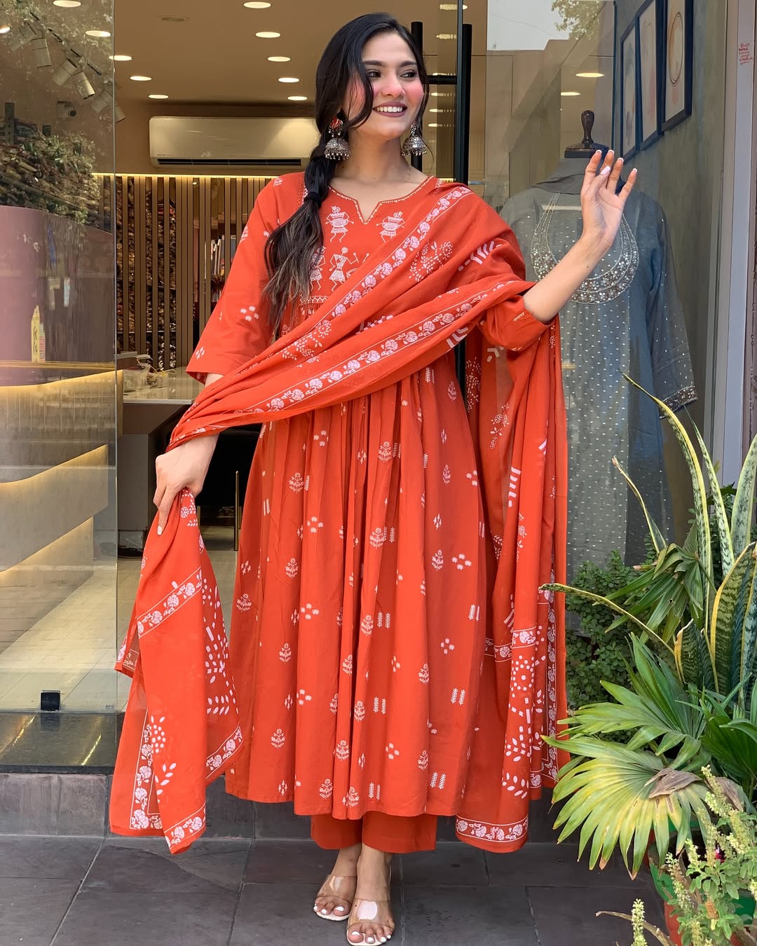 Rust Anarkali Cotton Printd Embellished Kurta With Pant And Dupatta