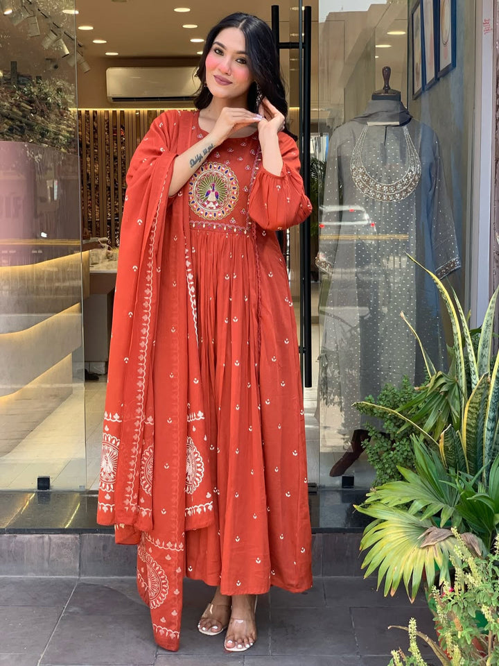 Rust Anarkali Cotton Printd Embellished Kurta With Pant And Dupatta