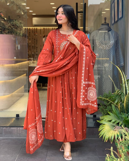 Rust Anarkali Cotton Printd Embellished Kurta With Pant And Dupatta