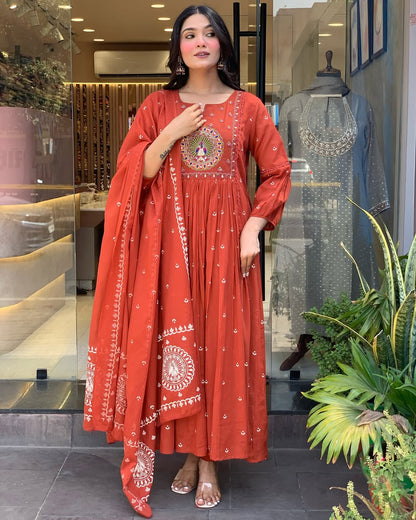 Rust Anarkali Cotton Printd Embellished Kurta With Pant And Dupatta