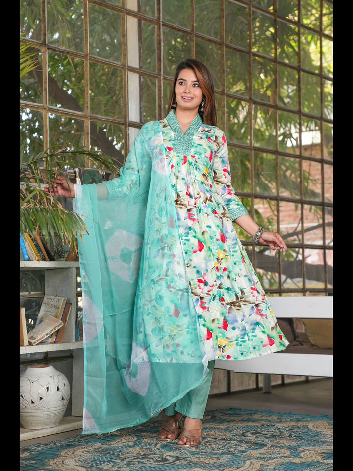 Multi A-Line Rayon Printed Kurta Bottom With Dupatta