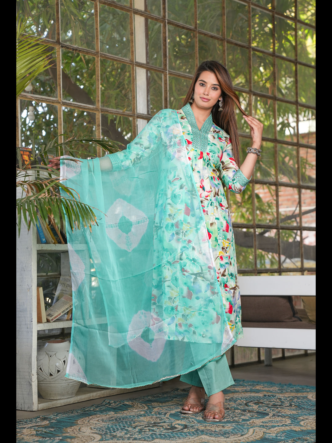 Multi A-Line Rayon Printed Kurta Bottom With Dupatta