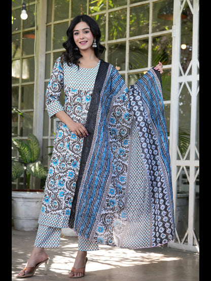 Sky Printed Anarkali Pure Cotton Kurta With Pant And Dupatta