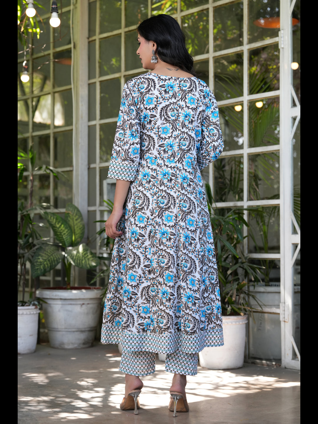 Sky Printed Anarkali Pure Cotton Kurta With Pant And Dupatta