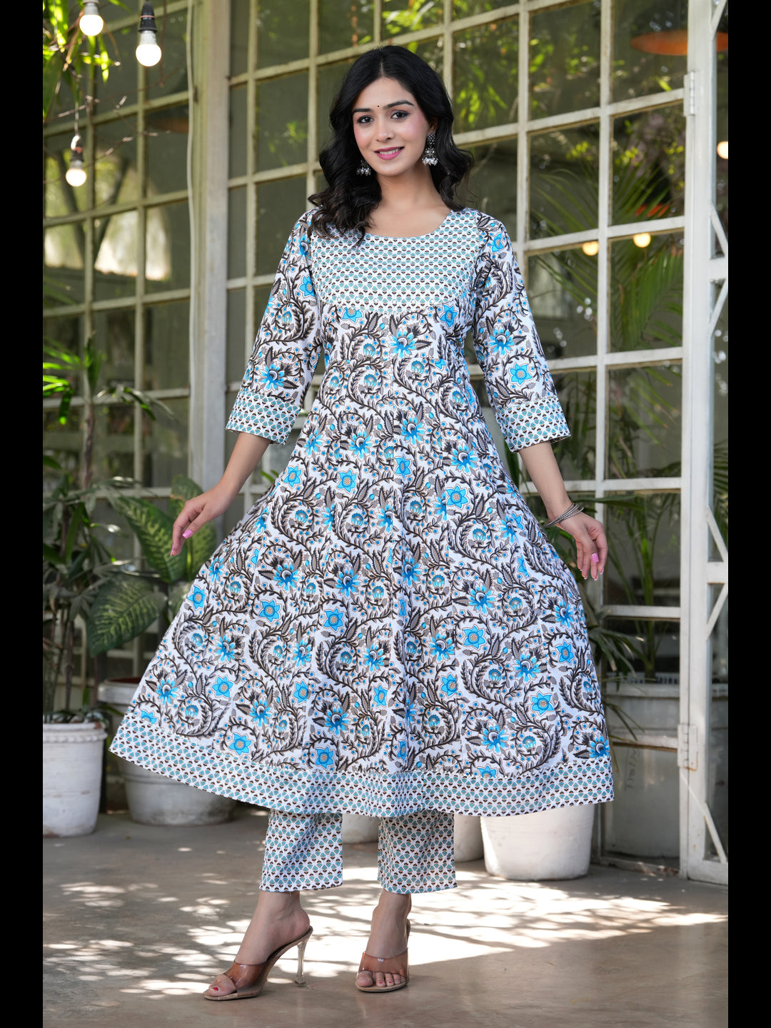 Sky Printed Anarkali Pure Cotton Kurta With Pant And Dupatta