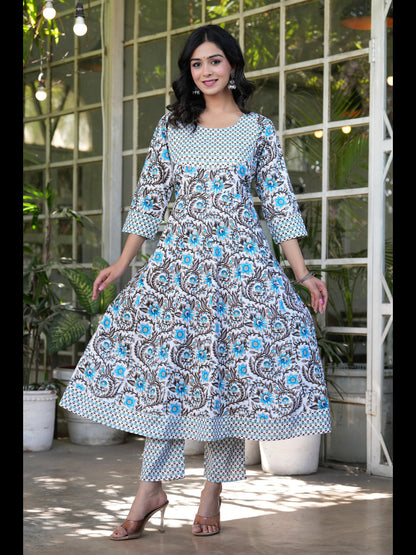 Sky Printed Anarkali Pure Cotton Kurta With Pant And Dupatta