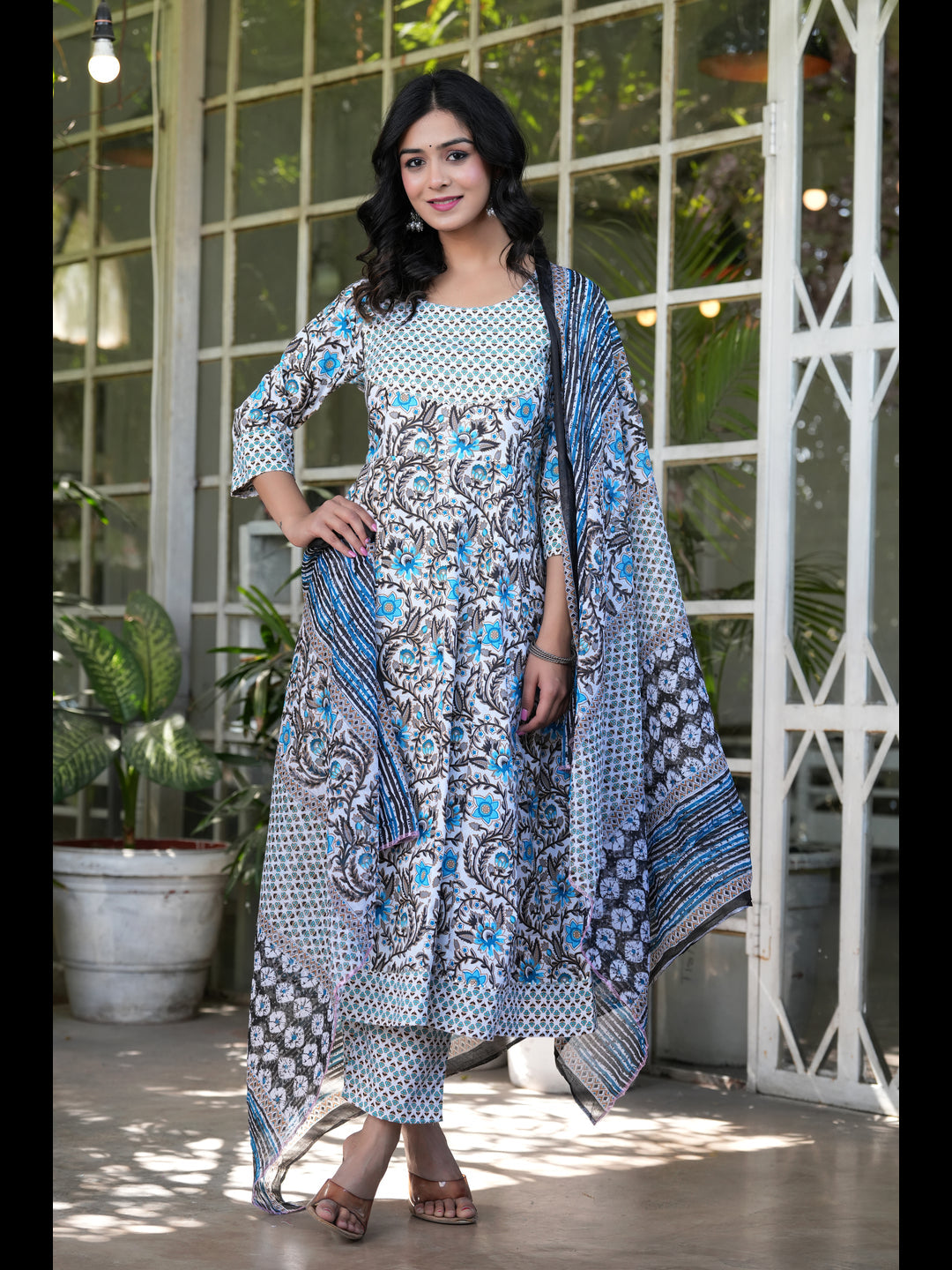 Sky Printed Anarkali Pure Cotton Kurta With Pant And Dupatta