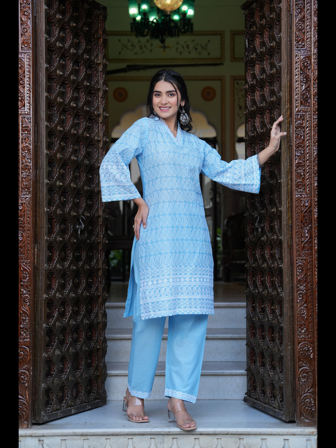 Blue Printed Straight Pure Cotton Kurta With Pant